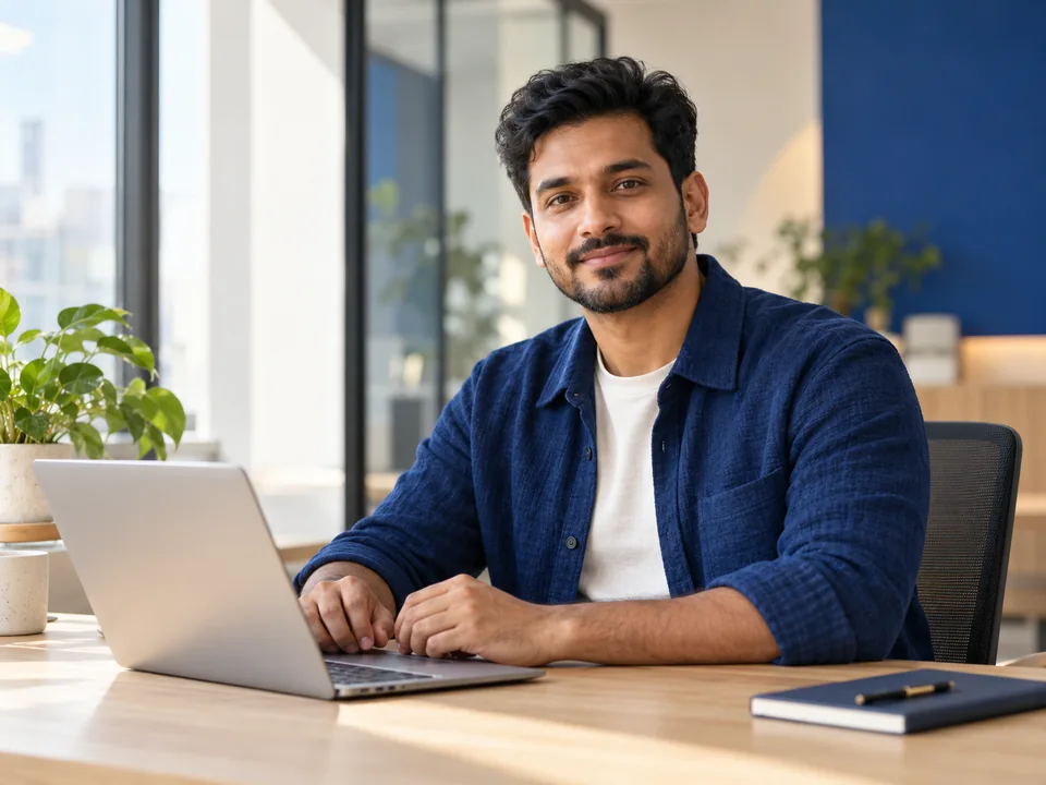 AI-generated scene of a software professional working at a laptop in a bright studio